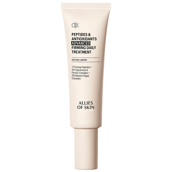 Skincare tube labeled 'Peptides & Antioxidants Advanced Firming Daily Treatment' by Allies of Skin on a white background