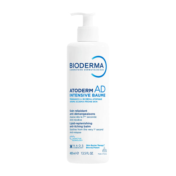 A 400 ml white pump bottle of Bioderma Atoderm AD Intensive Baume (lip-replenting anti-itching balm) on a clean white background.