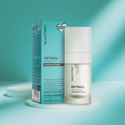 BEAUTYPRO Retinol Overnight Serum with packaging on a teal background