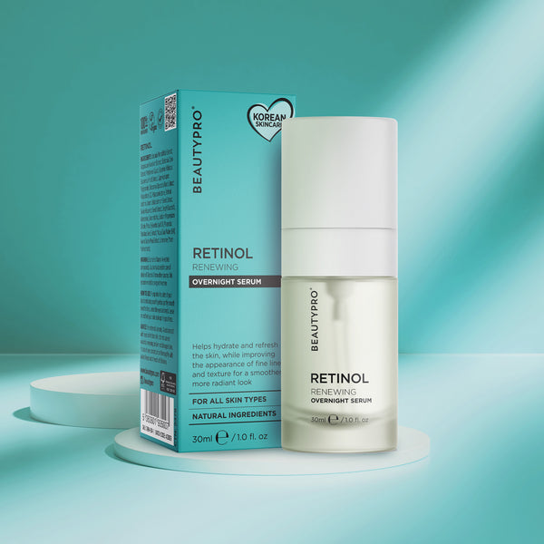 BEAUTYPRO Retinol Overnight Serum with packaging on a teal background