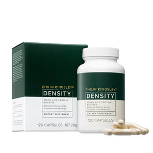 Philip Kingsley Density dietary supplement bottle and packaging on a white background
