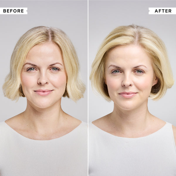 Before and after comparison of a woman with short blonde hair on a gray background