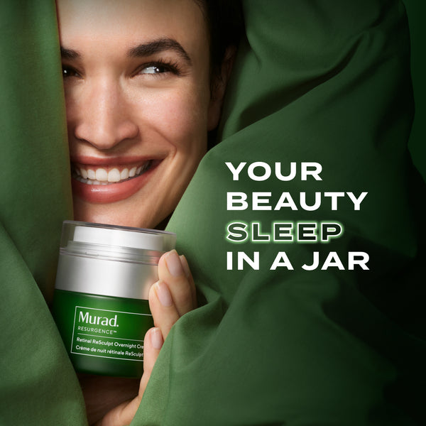 Woman holding a jar of Murad product with text 'Your beauty sleep in a jar' against a green background