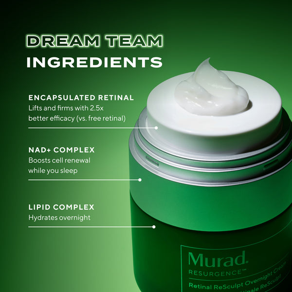 Green skincare jar with 'Dream Team Ingredients' text on a green background