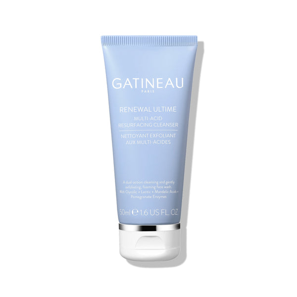 A 50ml squeeze tube of Gatineau Renewal Ultime Resurfacing Cleanser, featuring a light blue body with white text and a clear cap, set against a plain white background with a soft shadow.