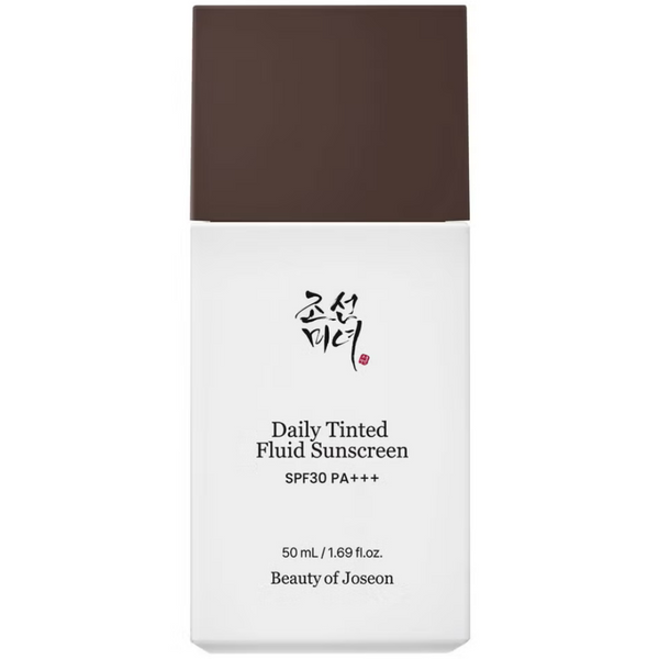 Daily Tinted Fluid Sunscreen bottle with brown cap and white body on a white background