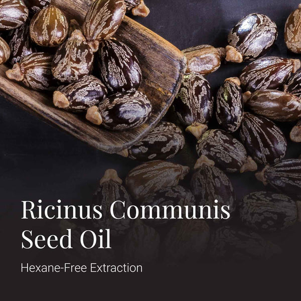 Ricinus Communis seed oil with hexane-free extraction text on a dark background