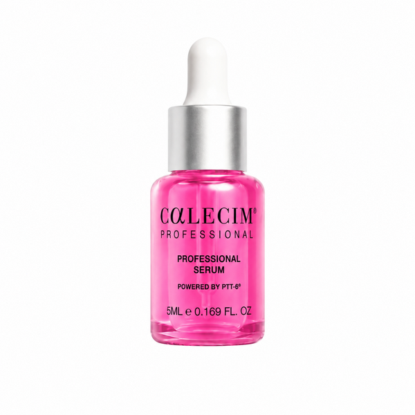 A 5ml dropper bottle of Collecim Professional PT-4 Serum, featuring a vibrant pink liquid inside a clear glass bottle with a silver dropper cap, set against a plain white background.