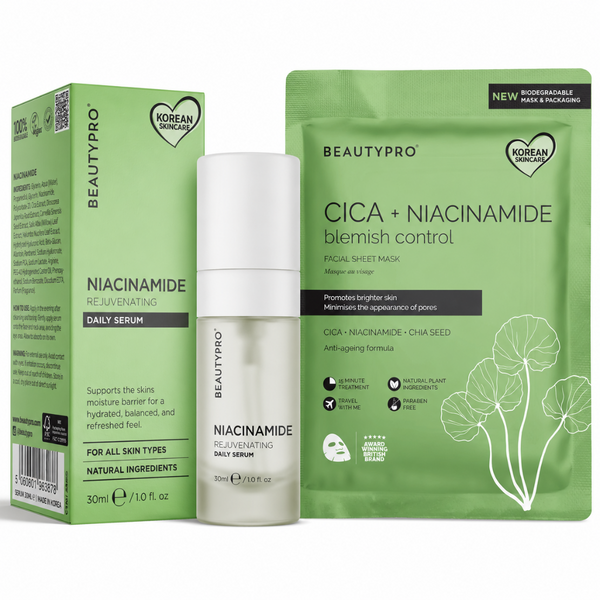 Beautypro Niacinamide Relevitating Daily Serum set, including a 30ml pump bottle, a green retail box, and a matching green facial sheet mask pouch on a white background.