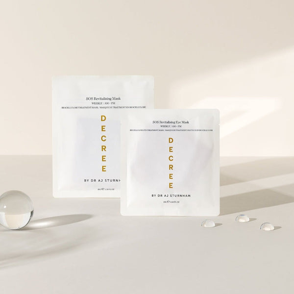 two Decree SOS Revitalising Eye Masks next to each other