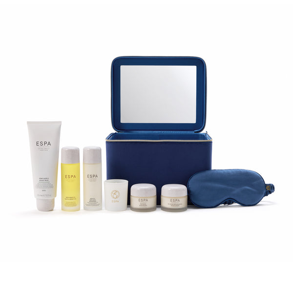 ESP® skincare set with blue travel case and eye mask on a white background