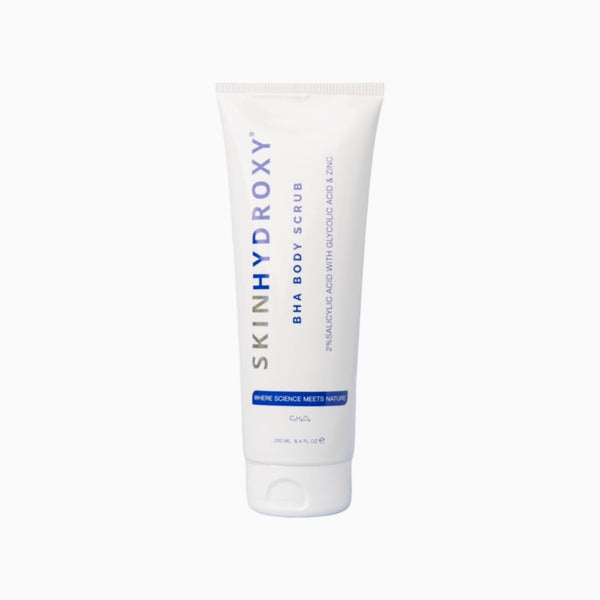 Tube of Skin Hydroxy BHA Body Scrub on a white background