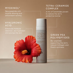 Skincare product with ingredients listed on a beige background
