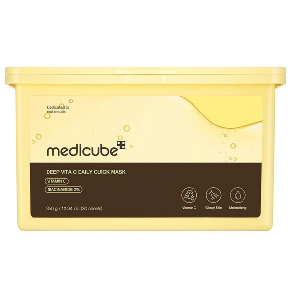 A yellow plastic tub of medicube Deep Vita C Daily Quick Mask, featuring a cream-colored label with a dark brown bottom section and white text.