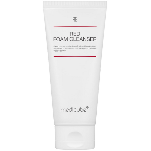 A white squeeze tube of Medicube Red Foam Cleanser with black text and red accent lines, set against a plain white background.
