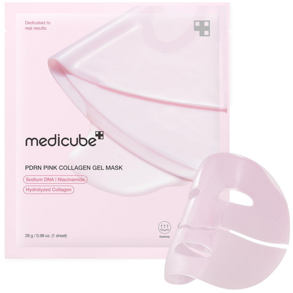 Pink collagen gel mask with packaging on a white background