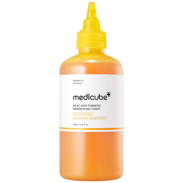 Orange bottle with yellow cap on a white background, featuring Medicube branding.