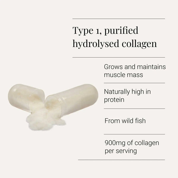 Collagen supplement capsules with text about type 1 purified hydrolysed collagen on a white background