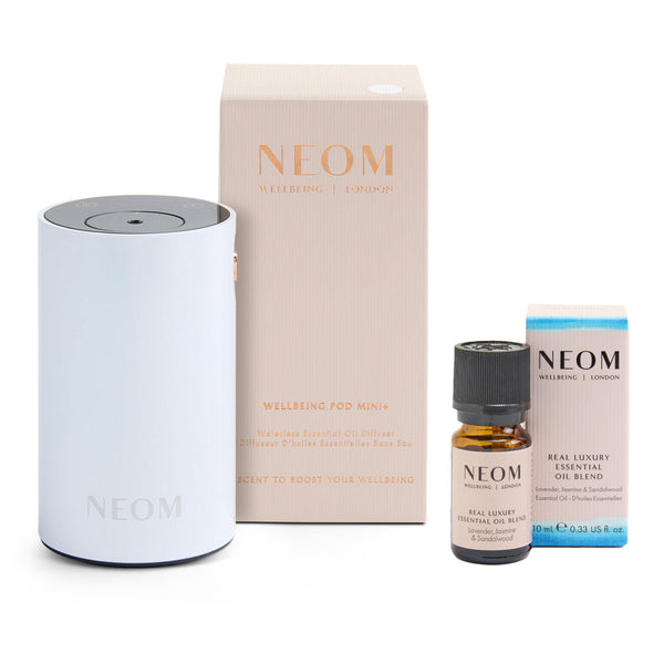 NEOM Wellbeing Pod Mini+ Waterless Essential Oil Diffuser - White and Real Luxury De-Stress Essential Oil Blend Duo (Worth Β£92)