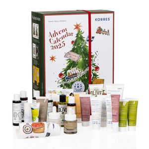 Korres 2025 Advent Calendar with various skincare products on a white background