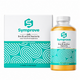 Symprove daily live & active bacteria water-based food supplement shown as a white and teal box alongside a clear bottle filled with golden-yellow powder, on a white background.