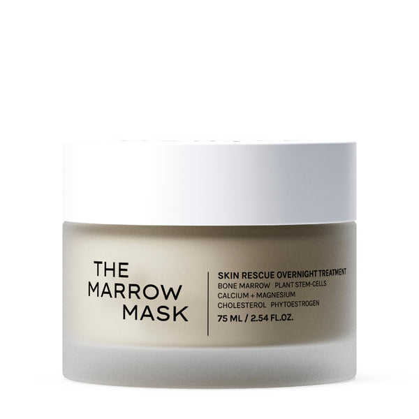 A jar of The Marrow Mask Skin Rescue Overnight Treatment on a clean white background. The product is in a frosted glass jar with a white lid, featuring a beige label with black text.