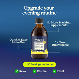 Bottle of Valerie supplement with promotional text on a blue background