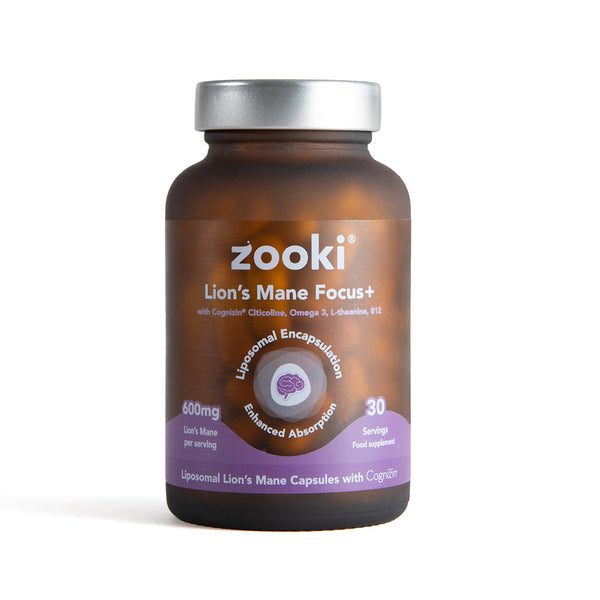 A brown amber bottle of Zooki Lion's Mane Focus+ supplement with a silver cap and a purple label accent, shown on a white background.