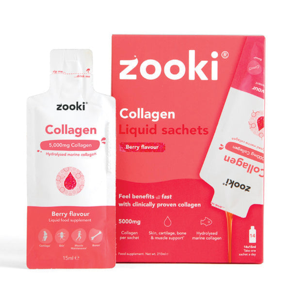 Zooki Collagen Liquid sachets packaging with red and white design on a white background