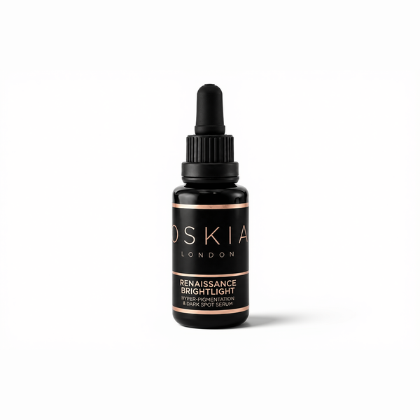 A small black dropper bottle of Roskie London Renaissance Brightlight Hyalu-Pigmentation Exfoliating Treatment on a clean white background.