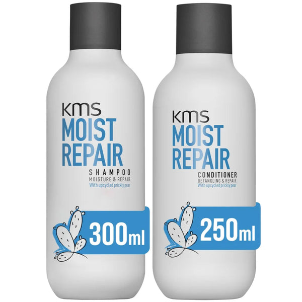 Two KMS Moist Repair shampoo and conditioner bottles on a white background