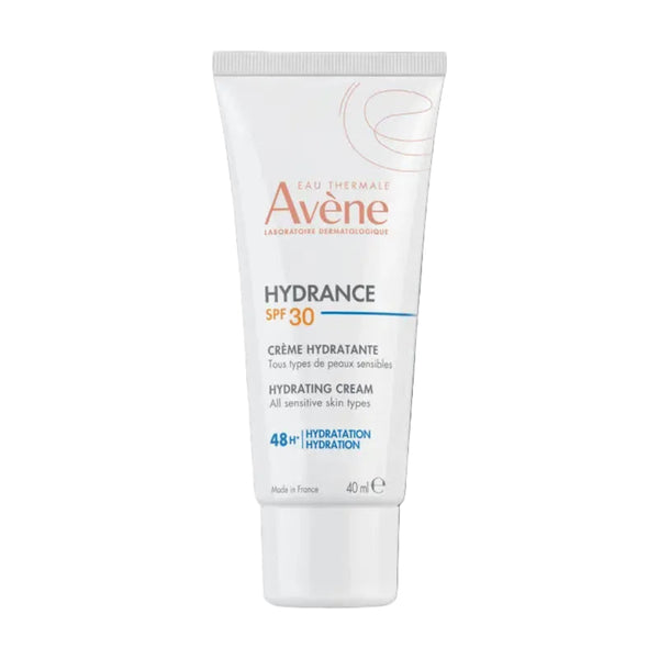 Avene Hydrance SPF 30 hydrating cream tube on a white background