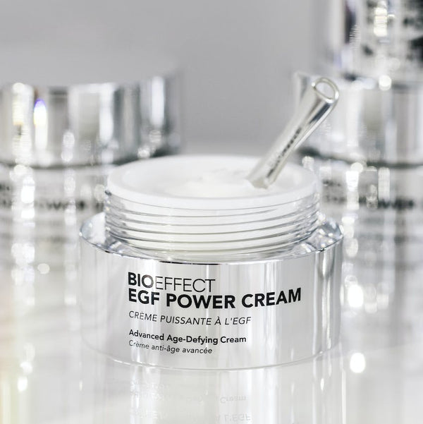 BIOEFFECT EGF Power Cream with an open lid and a scoop