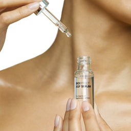 BIOEFFECT EGF Serum bottle held close to a neck