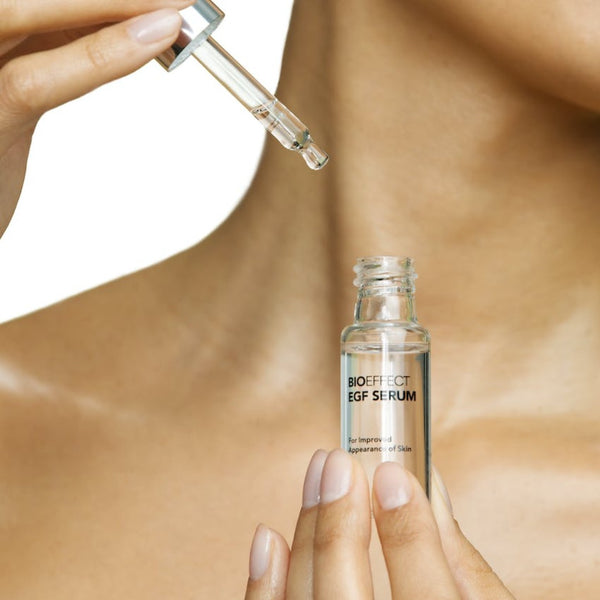BIOEFFECT EGF Serum bottle held close to a neck