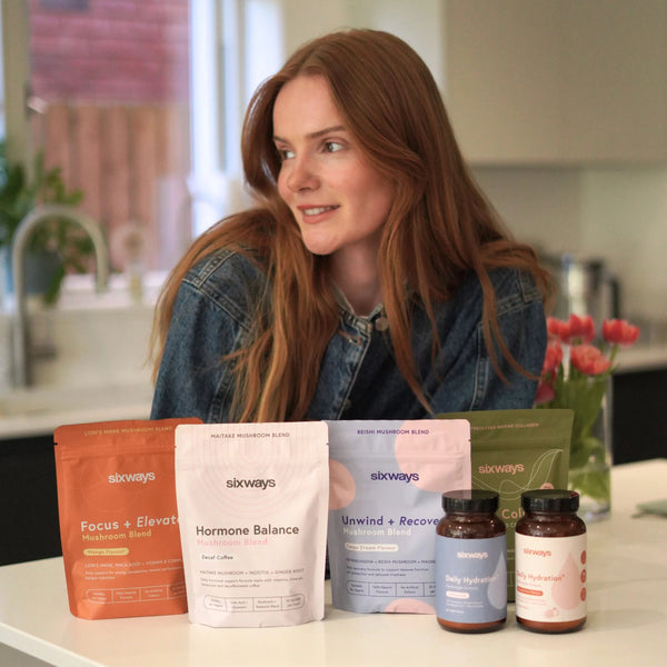 Modern Sixways supplement powders designed for focus hydration sleep and hormone balance routines