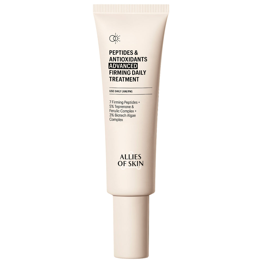 Skincare tube labeled 'Peptides & Antioxidants Advanced Firming Daily Treatment' by Allies of Skin on a white background