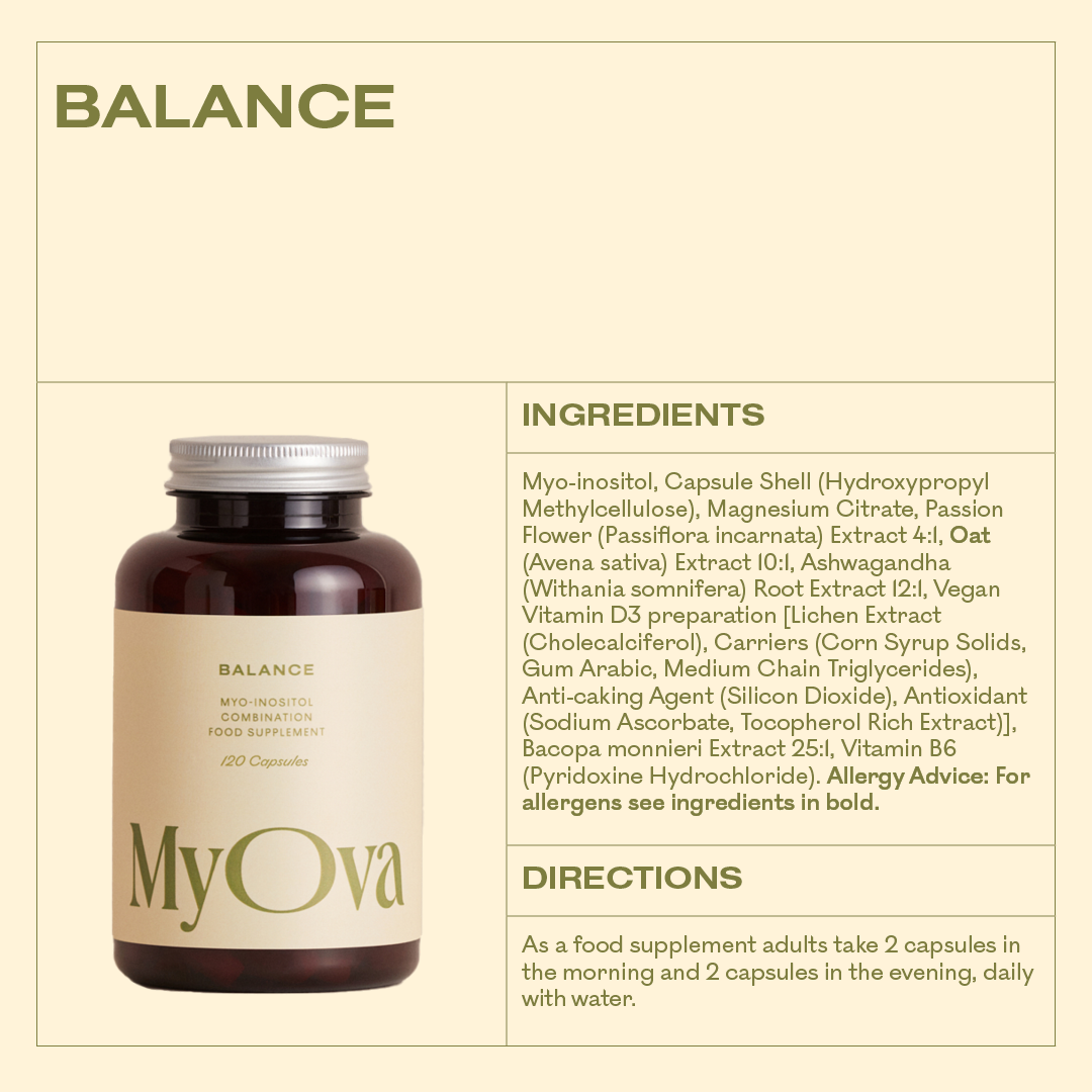 MyOva Balance supplement bottle with ingredients list on a beige background