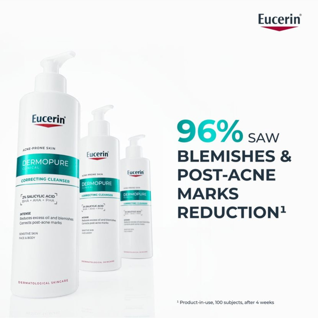 Eucerin Dermopure skincare products with text on blemish reduction on a white background