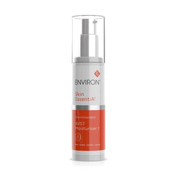 A bottle of Environ Skin EssentiA Avst Moisturiser 1 with a white and orange label, featuring a clear cap and pump dispenser, set against a plain white background.