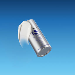 Cosmetic serum bottle with blue gradient background
