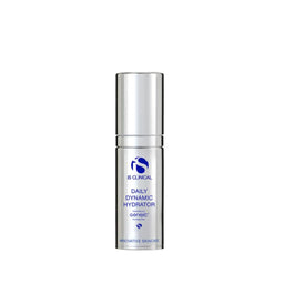 A silver cylindrical cosmetic bottle labeled 'B CLINICAL Daily Dynamic Hydrator' on a light gray background, with a black circular callout reading 'NEW SIZE 15g / 0.5oz'.