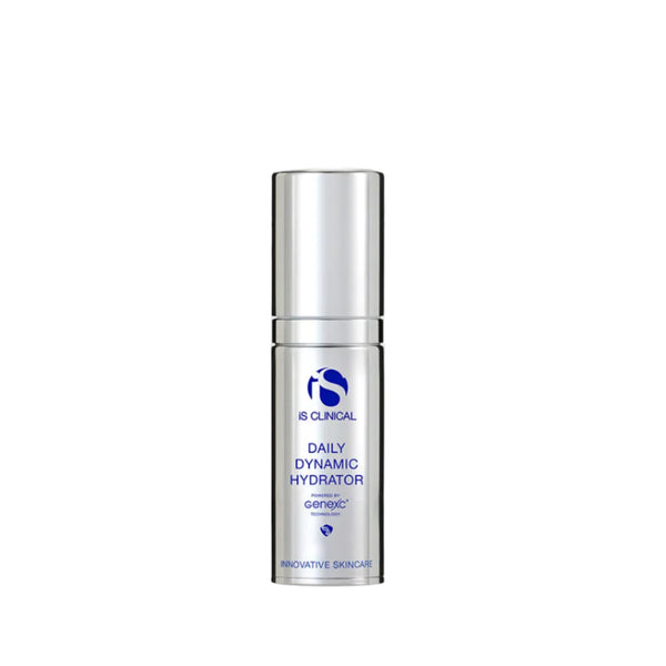 A silver cylindrical cosmetic bottle labeled 'B CLINICAL Daily Dynamic Hydrator' on a light gray background, with a black circular callout reading 'NEW SIZE 15g / 0.5oz'.