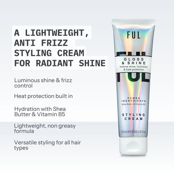 Styling cream tube with product features on a light gray background