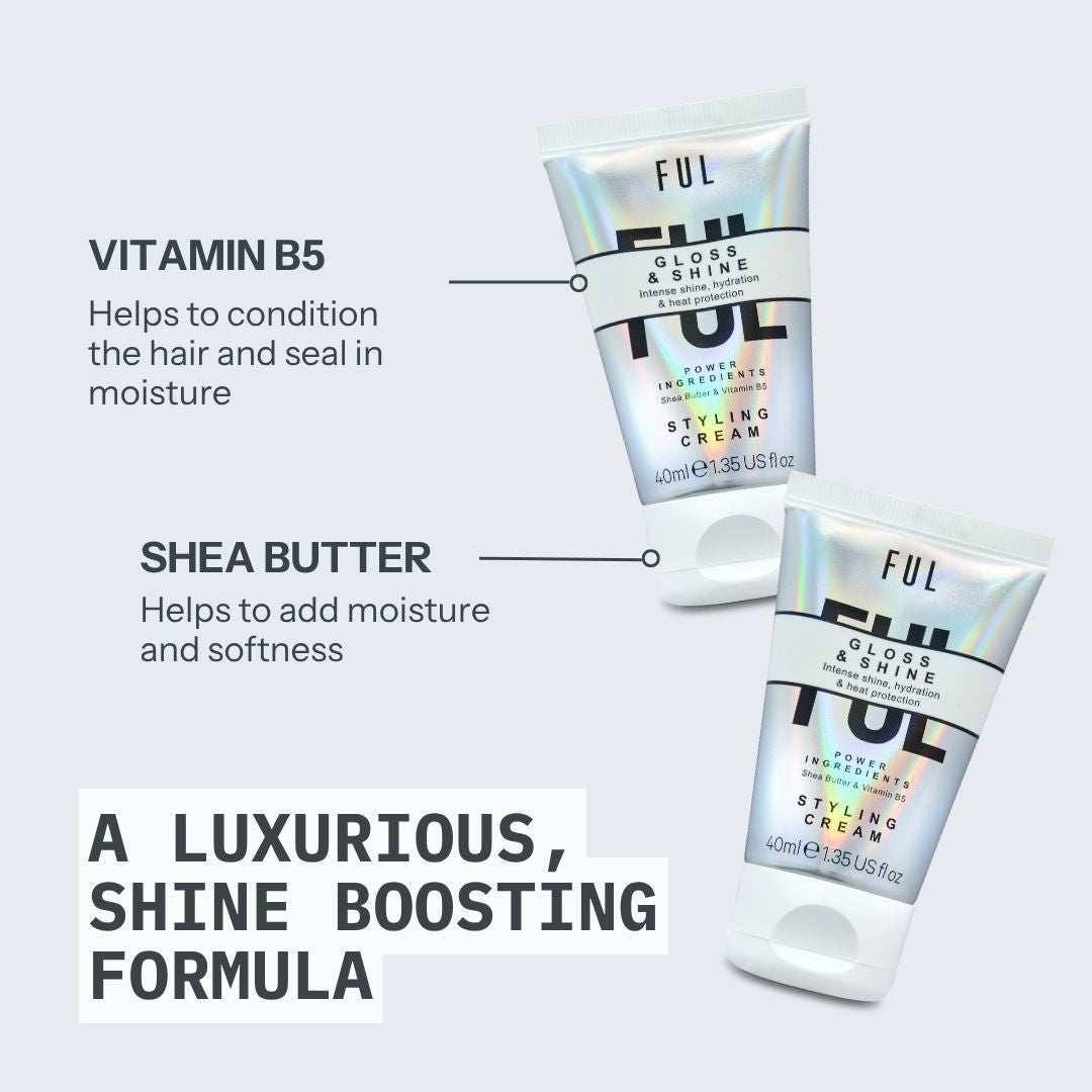 Two bottles of Ful styling cream with text about vitamin B5 and shea butter on a white background