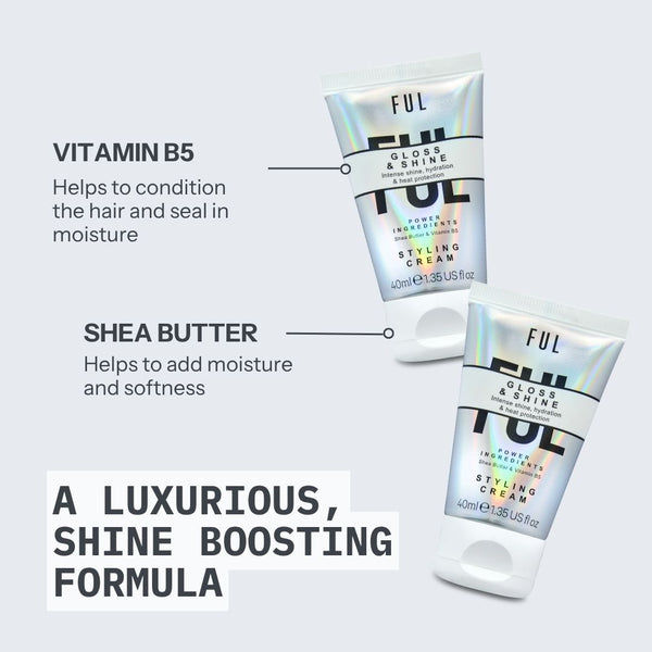 Two bottles of Ful styling cream with text about vitamin B5 and shea butter on a white background