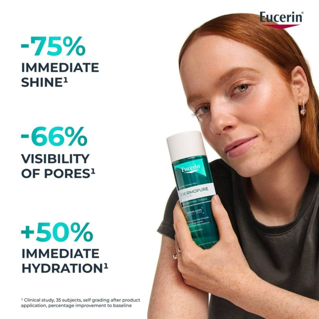 Eucerin skincare product with a woman holding it, showing product benefits.