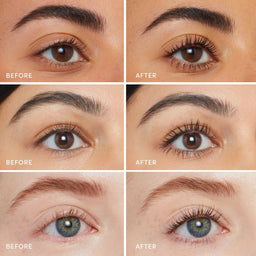 Before and after comparison of eye makeup application on a person's face.