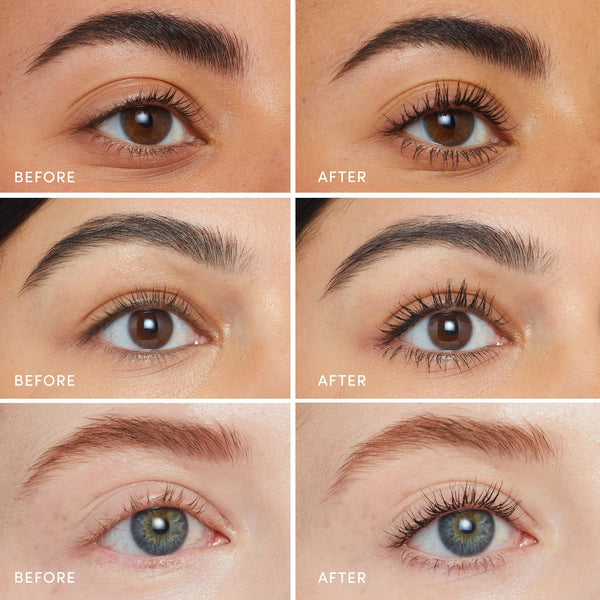 Before and after comparison of eye makeup application on a person's face.