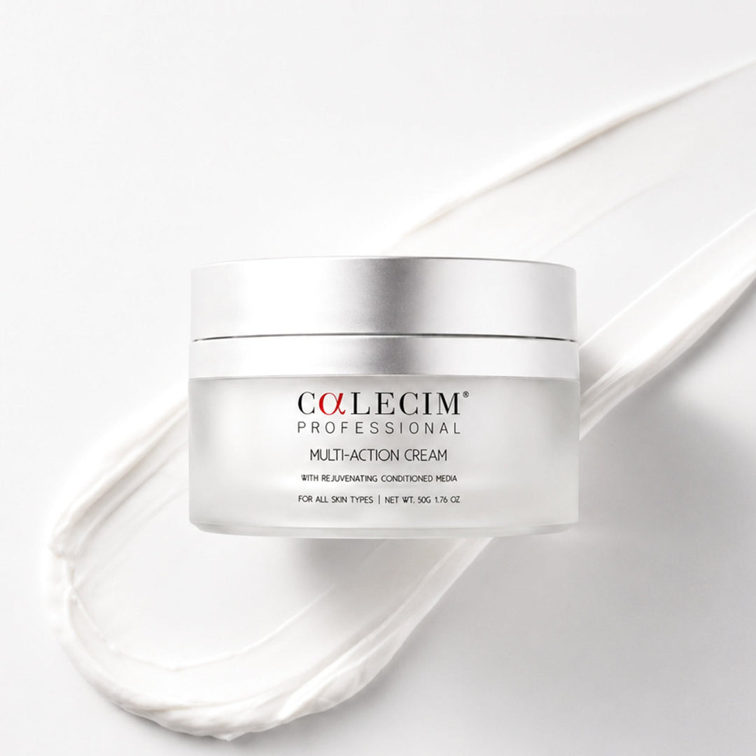 A jar of Colecim Professional Multi-Action Cream on a white background with a white cream smear behind it.
